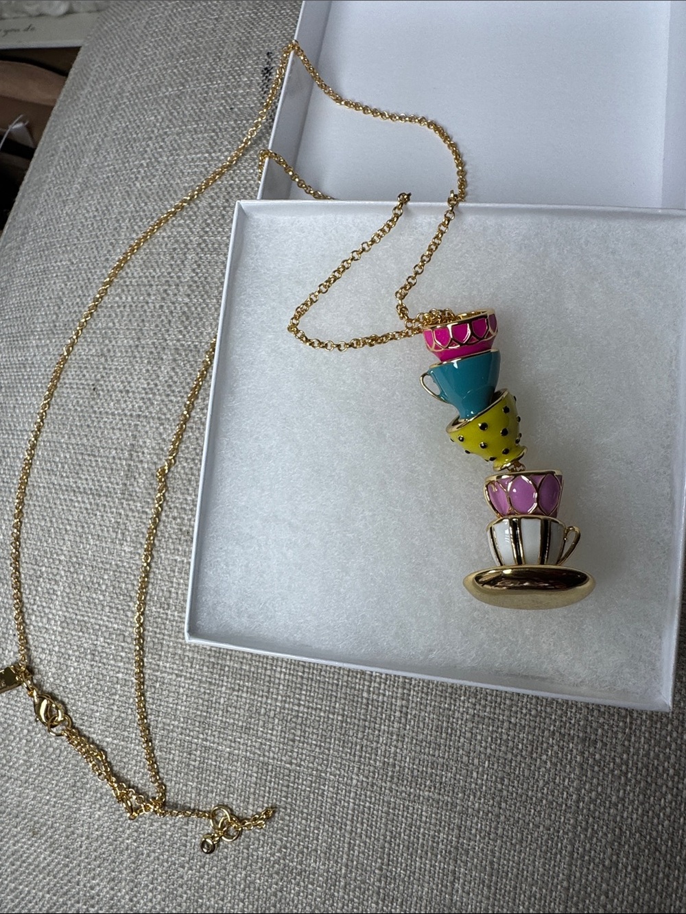 kate spade Gold-Tone Stacked Teacup Necklace with Pink, Blue, Yellow, White - Picture 6 of 6